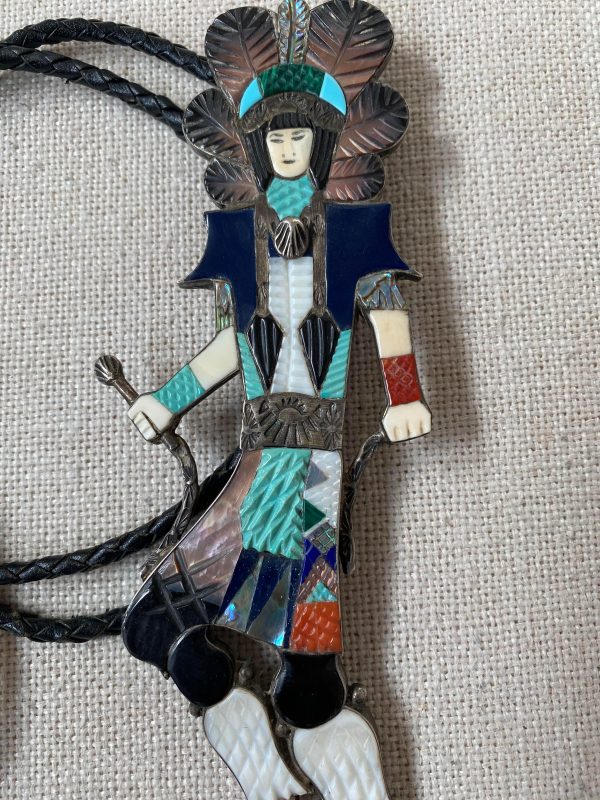 Zuni Philbert Beyuka Signed Inlay Sterling Silver Hopi Snake Dancer Bolo Tie/ - Image 2