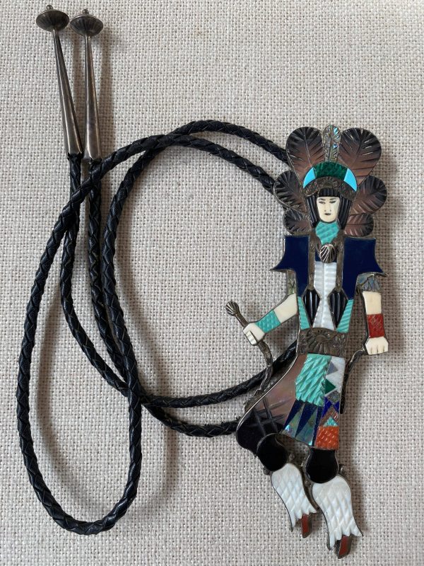 Zuni Philbert Beyuka Signed Inlay Sterling Silver Hopi Snake Dancer Bolo Tie/