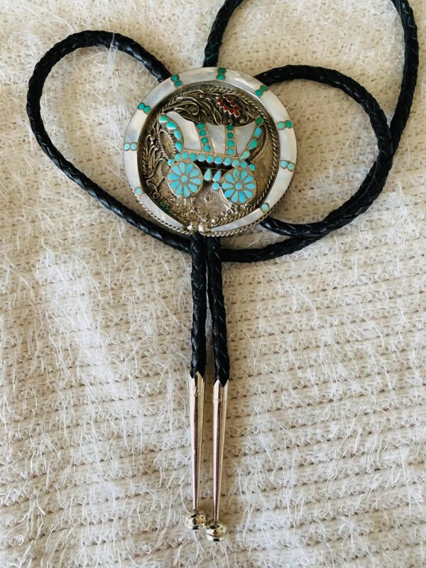 Vintage Zuni VM Dishta Signed Turquoise Inlay Sterling Silver Conestoga Wagon Bolo Tie with Sterling Silver Bolo Tips/