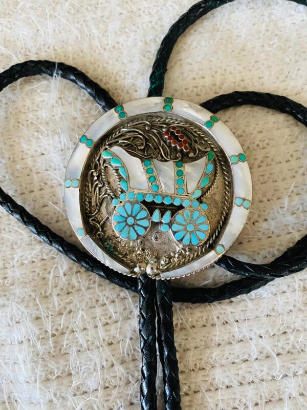 Vintage Zuni VM Dishta Signed Turquoise Inlay Sterling Silver Conestoga Wagon Bolo Tie with Sterling Silver Bolo Tips/ - Image 2