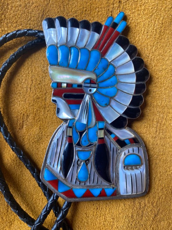 Zuni Roger And Lela Cellicion Inlay Sterling Silver Comanche Bolo Tie Pendant/ - Image 2