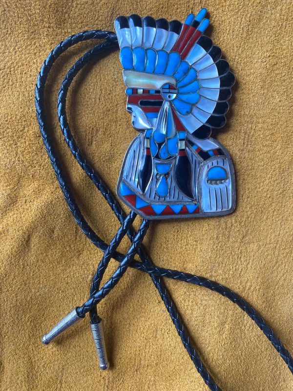 Zuni Roger And Lela Cellicion Inlay Sterling Silver Comanche Bolo Tie Pendant/