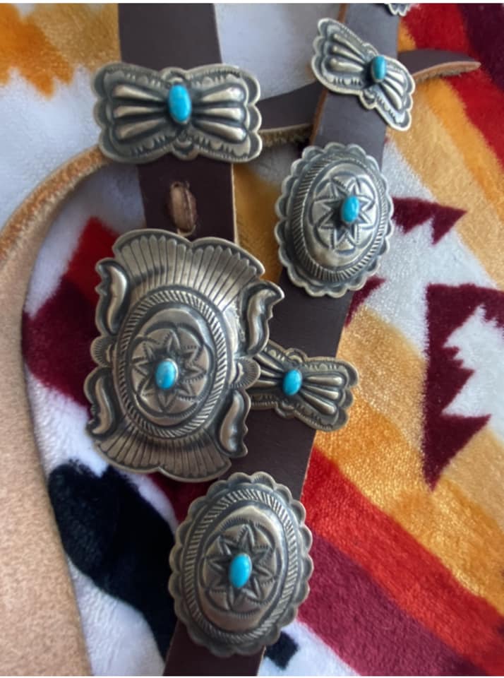 Item #978A- Navajo Turquoise Sun Symbols Stamped Sterling Silver Butterfly  Concho Belt by De Chelly —Native American Turquoise & Silver Concho Belts