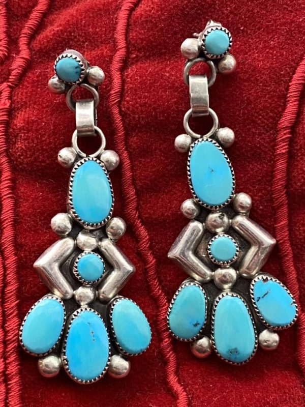 Zuni Julie O Lahi Signed Sterling Silver Inlaid Turquoise Cluster Post Earrings