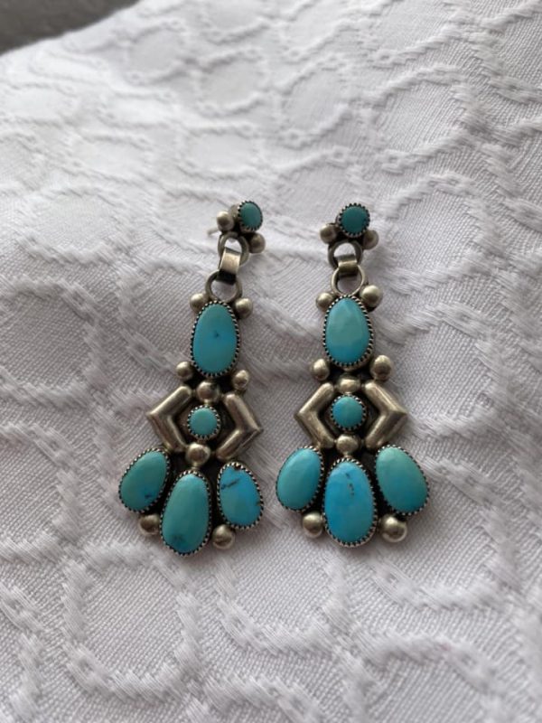 Zuni Julie O Lahi Signed Sterling Silver Inlaid Turquoise Cluster Post Earrings - Image 2