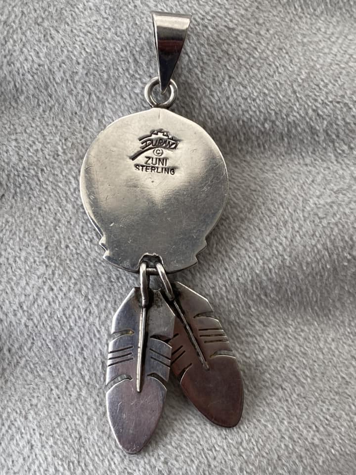 Zuni Duran Gasper Signed Sterling Silver Inlay Feathers Sunface Pendant