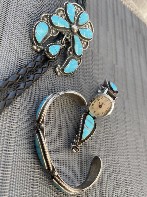 Zuni Lloyd and Jennie Salvadore Signed Turquoise Sterling Silver Teardrop Ladies Watch With Tips/ - Image 4