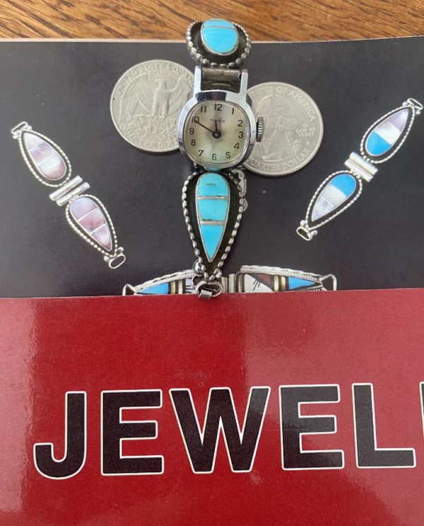 Zuni Lloyd and Jennie Salvadore Signed Turquoise Sterling Silver Teardrop Ladies Watch With Tips/ - Image 2