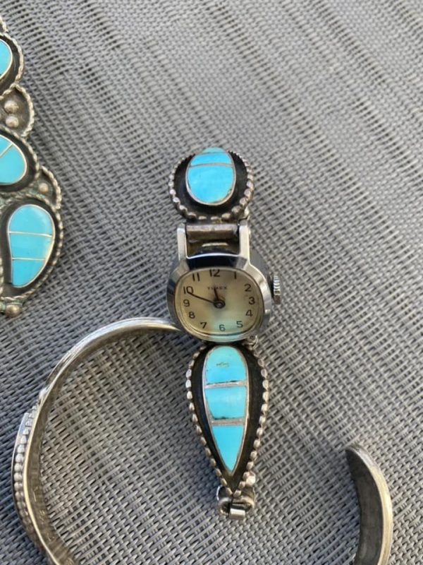 Zuni Lloyd and Jennie Salvadore Signed Turquoise Sterling Silver Teardrop Ladies Watch With Tips/