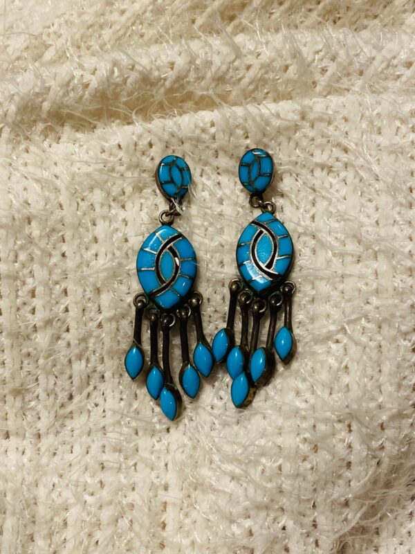 Vintage Zuni Amy Quandelacy Sterling Silver Turquoise Hummingbird Dangle Post Earrings/ - Image 2