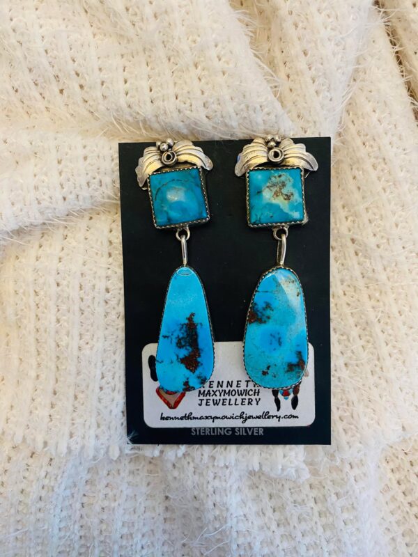 Navajo Lydia Begay Signed Sterling Silver Natural Royston Turquoise Post Dangle Earrings/