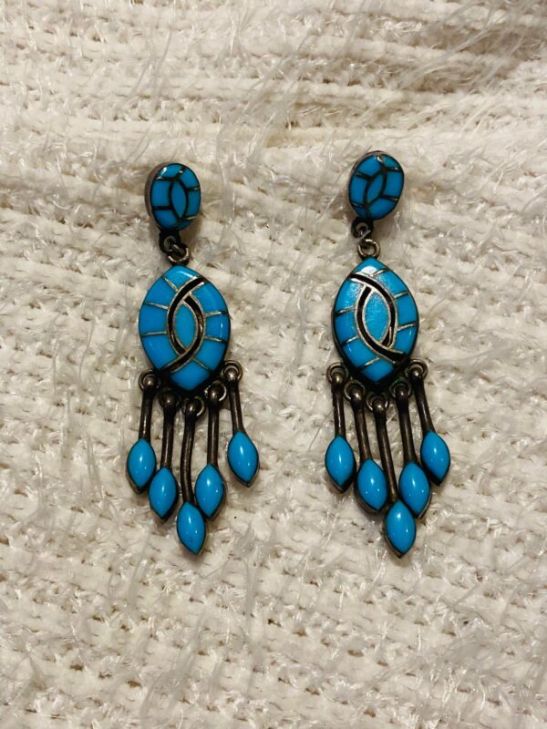 Vintage Zuni Amy Quandelacy Sterling Silver Turquoise Hummingbird Dangle Post Earrings/