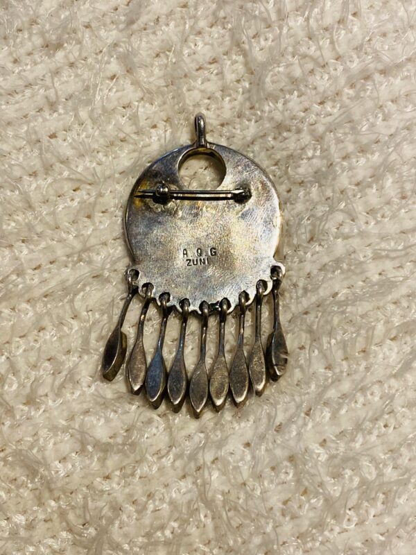 Zuni Annie Quam Gasper AQG Signed Sterling Silver Turquoise Spiderweb Pin Pendant With Dangles/ - Image 4