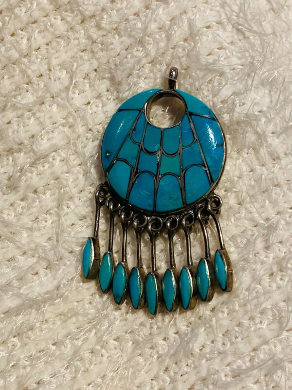 Zuni Annie Quam Gasper AQG Signed Sterling Silver Turquoise Spiderweb Pin Pendant With Dangles/ - Image 3