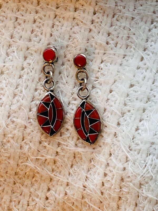 Zuni Vintage CJ Quandelacy Signed Sterling Silver Mediterranean Coral Post Dangle Earrings/