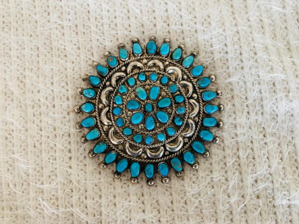 Native American Zuni Large Sterling Silver Turquoise Teardrop 3 Inch Pin Brooch/