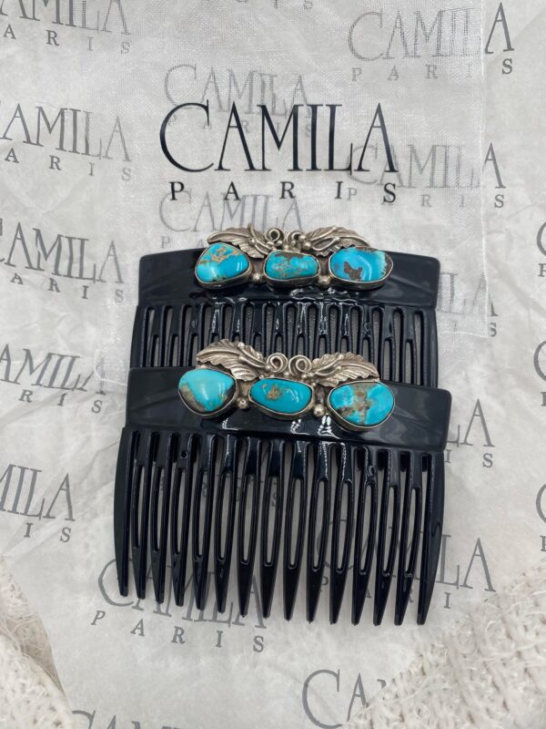 Navajo Lydia Begay Sterling Silver Kingman Turquoise Pair Of Camila Paris Hair Combs/