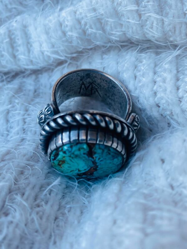 Navajo MR Signed Elaborate Sterling Silver Turquoise Size 14 Statement Ring/ - Image 2