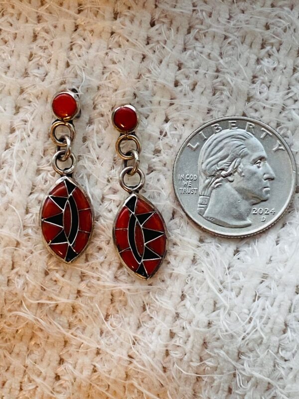 Zuni Vintage CJ Quandelacy Signed Sterling Silver Mediterranean Coral Post Dangle Earrings/ - Image 2