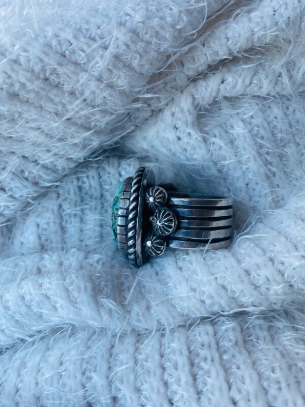 Navajo MR Signed Elaborate Sterling Silver Turquoise Size 14 Statement Ring/ - Image 5