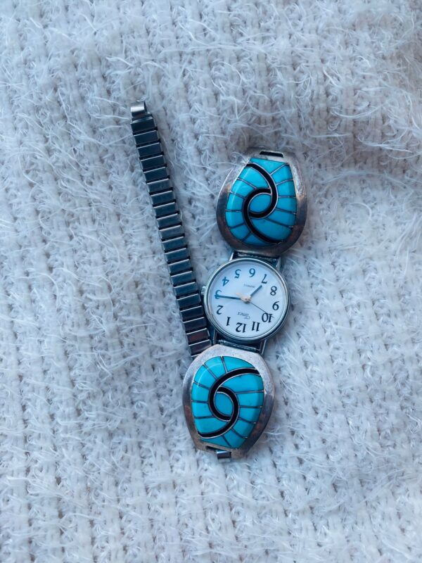 Zuni Dickie Quandelacy Signed Sterling Silver Turquoise Hummingbird Watch Tips And Watch/ - Image 2