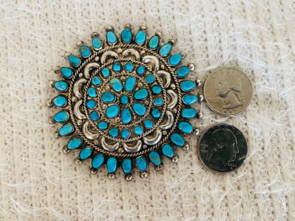 Native American Zuni Large Sterling Silver Turquoise Teardrop 3 Inch Pin Brooch/ - Image 2