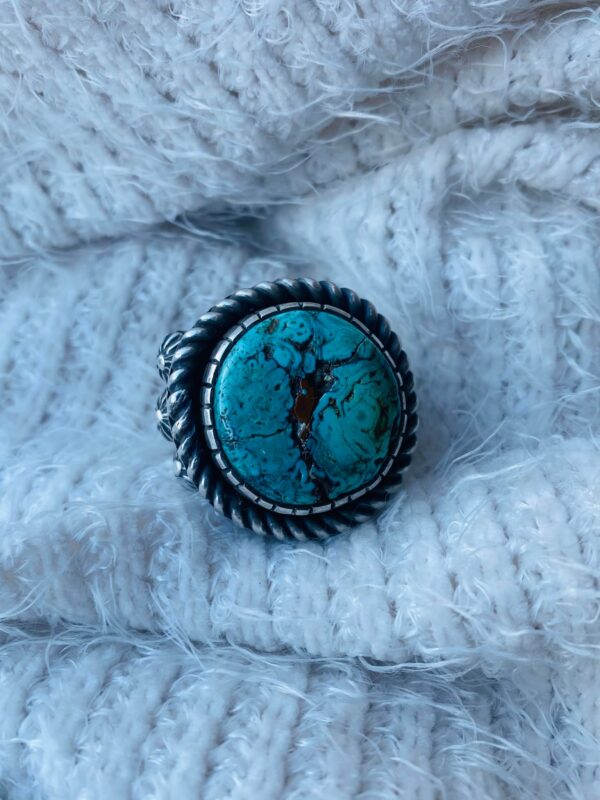 Navajo MR Signed Elaborate Sterling Silver Turquoise Size 14 Statement Ring/ - Image 3