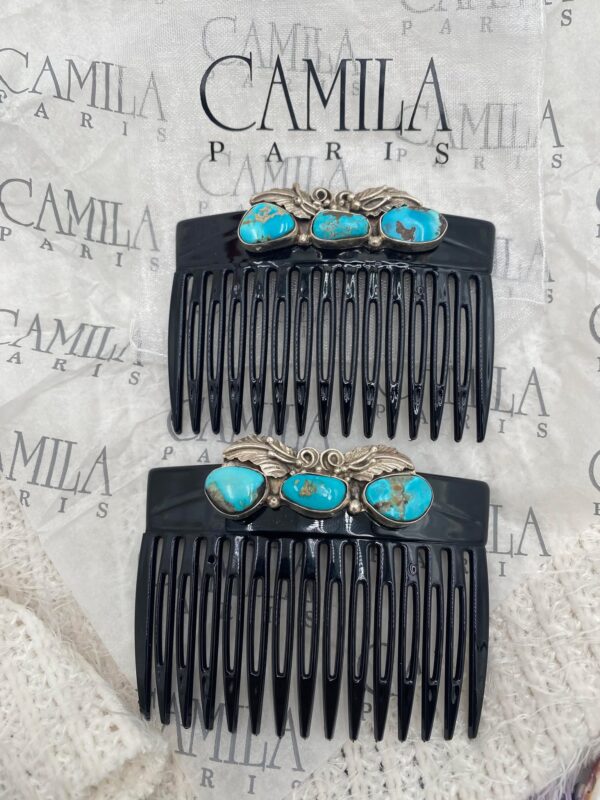 Navajo Lydia Begay Sterling Silver Kingman Turquoise Pair Of Camila Paris Hair Combs/ - Image 2