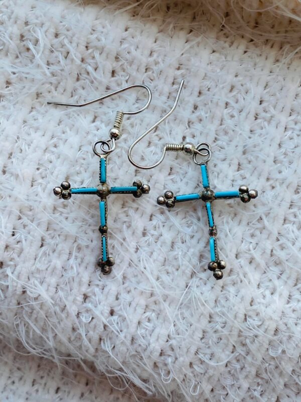 Zuni Vintage Sterling Silver Needlepoint Turquoise Cross Hook Earrings/