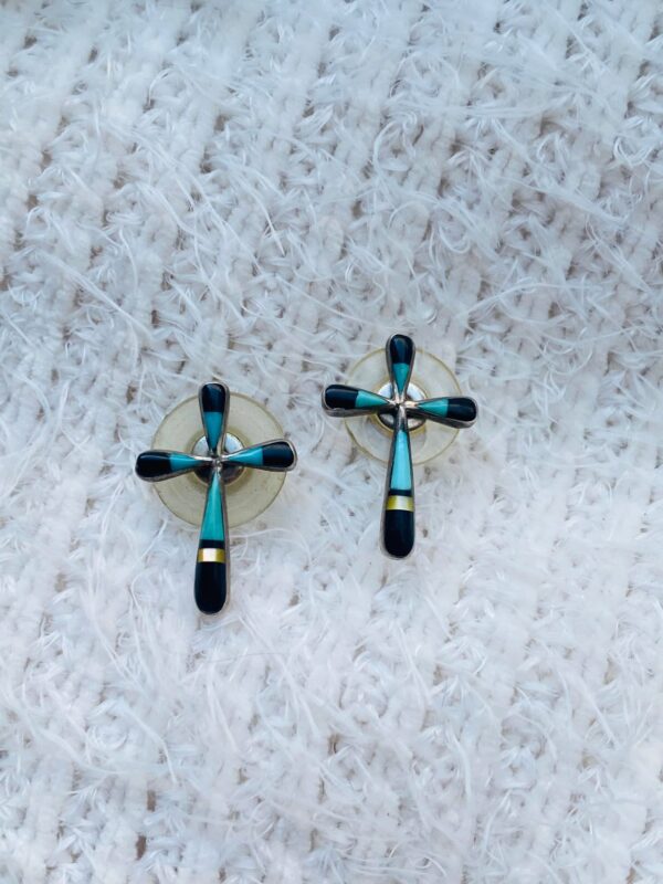 Vintage Zuni KB Signed Sterling Silver Inlaid Zuni Cross Post Earrings/