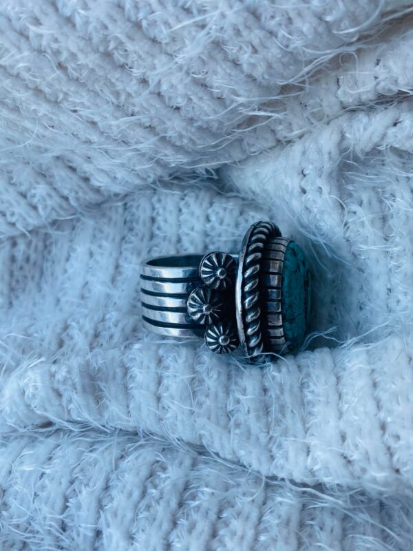 Navajo MR Signed Elaborate Sterling Silver Turquoise Size 14 Statement Ring/ - Image 4