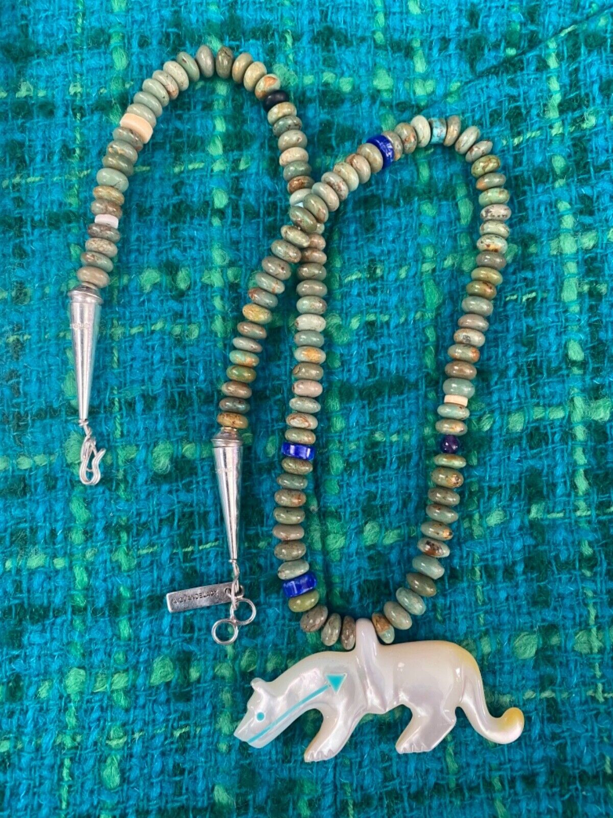 Zuni Andres Quandelacy Signed Shell and Turquoise Spirit Bear Reversible  Carving Fetish Necklace - Kenneth Maxymowich Jewellery