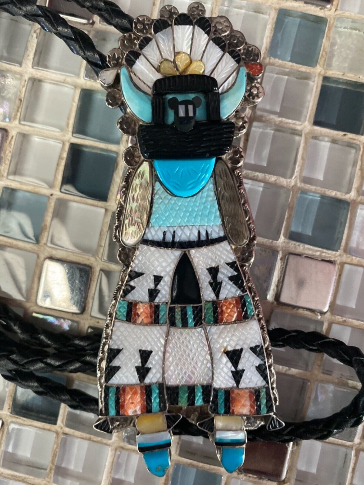 Zuni Eldred Martinez Bolo Maxymowich - Sterling Kenneth Stand Jewellery Tie Silver and Shalako Kachina Inlaid signed Dancer