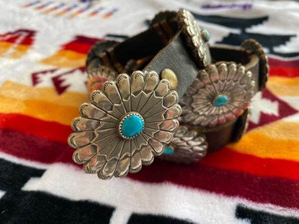 Navajo Unworn Turquoise Leather Backed Sterling Silver Sunburst Stamped Concho Belt/ - Image 2