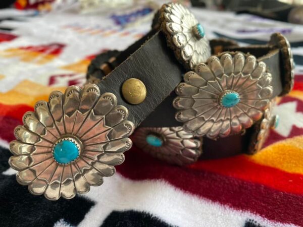 Navajo Unworn Turquoise Leather Backed Sterling Silver Sunburst Stamped Concho Belt/ - Image 4