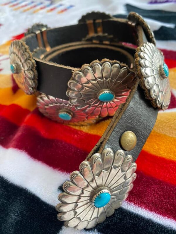 Navajo Unworn Turquoise Leather Backed Sterling Silver Sunburst Stamped Concho Belt/ - Image 6