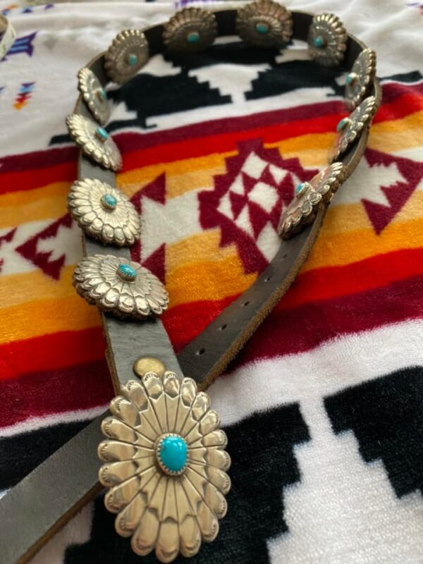 Navajo Unworn Turquoise Leather Backed Sterling Silver Sunburst Stamped Concho Belt/