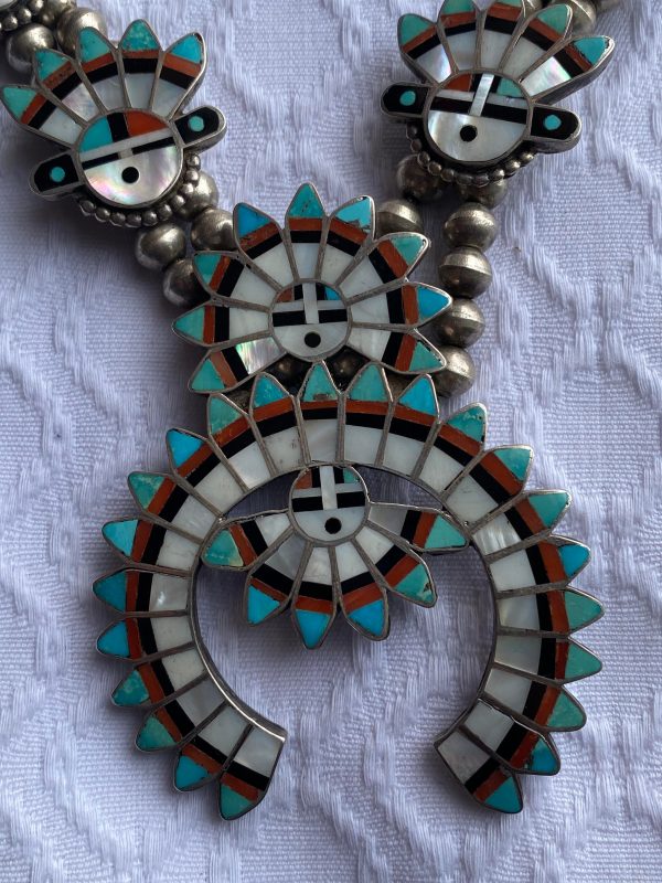 Vintage Zuni Mary Kallestewa Sterling Silver Channel Inlay Sunface Squash Necklace/ - Image 2