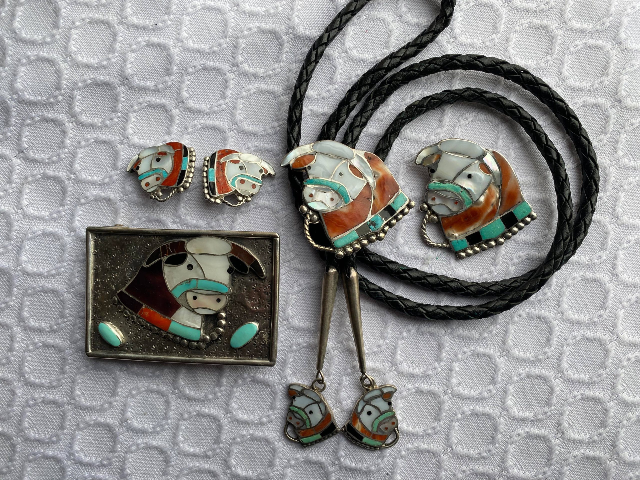 Zuni Nora Leekity Sterling Silver Hereford Cow Bull Matching Bolo