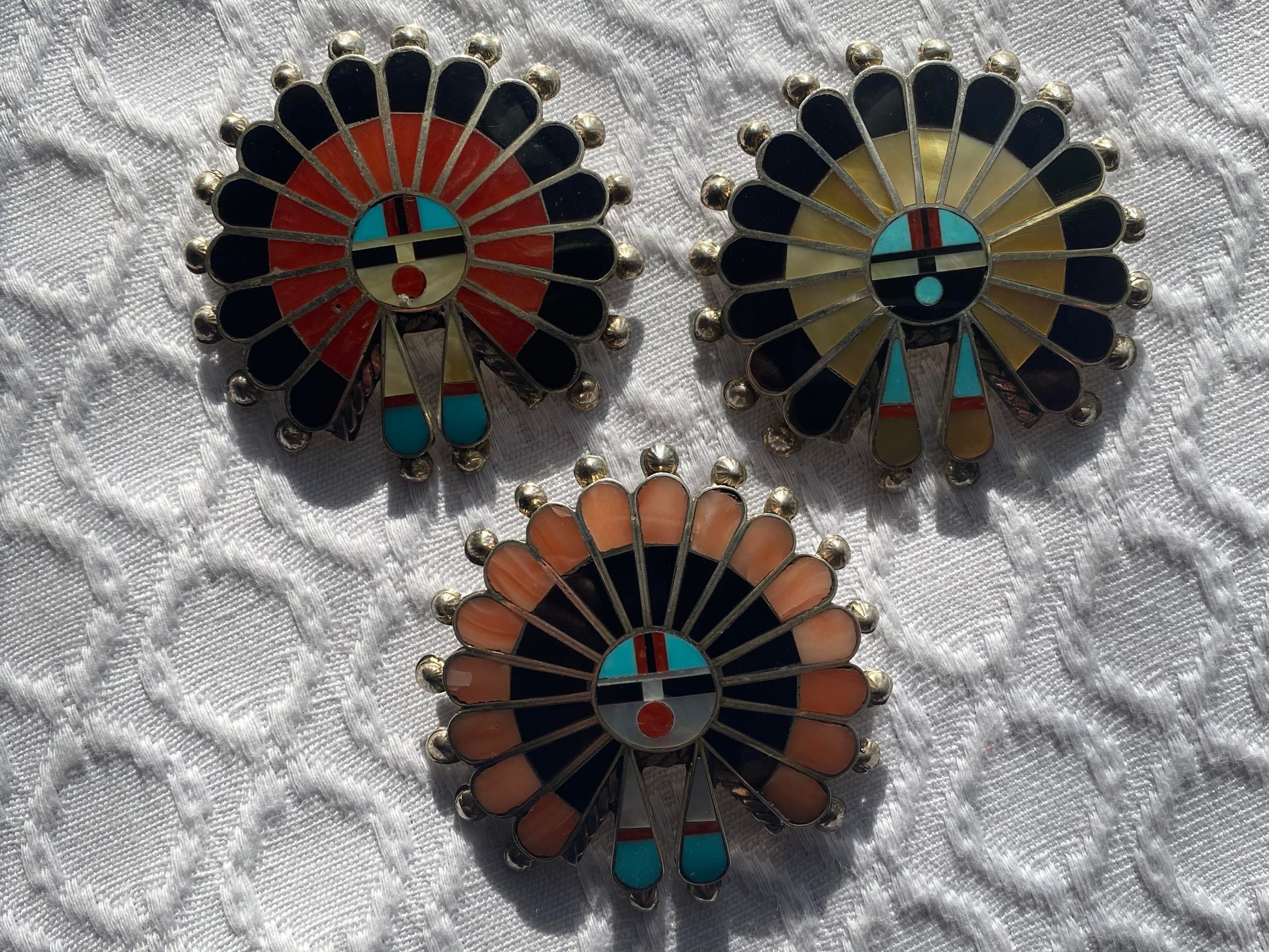 Zuni April Unkestine ACU signed sterling stone and shell sunface pin ...
