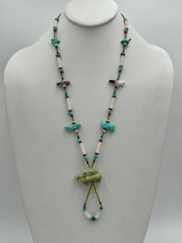 Zuni Jovanna Poblano Carved Turquoise Spiny Oyster Serpentine Bear Bird Fetish Jade Heishi Necklace/