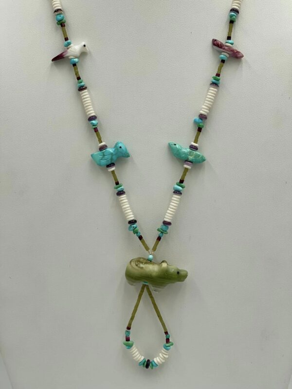 Zuni Jovanna Poblano Carved Turquoise Spiny Oyster Serpentine Bear Bird Fetish Jade Heishi Necklace/ - Image 2