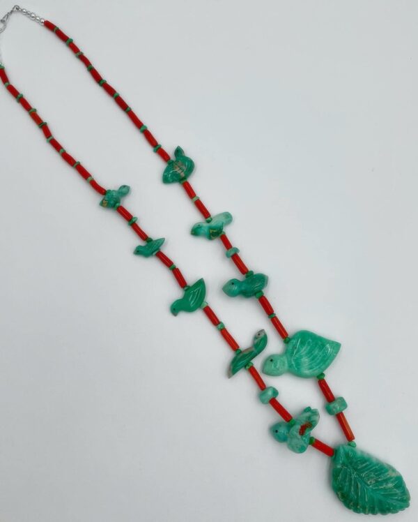 Zuni Jovanna Poblano Carved Variscite Fetish Bird & Leaf w Mediterranean Red Coral Necklace/ - Image 2