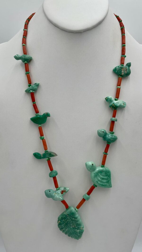 Zuni Jovanna Poblano Carved Variscite Fetish Bird & Leaf w Mediterranean Red Coral Necklace/