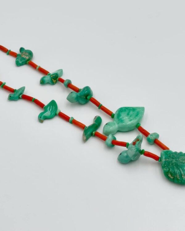 Zuni Jovanna Poblano Carved Variscite Fetish Bird & Leaf w Mediterranean Red Coral Necklace/ - Image 3