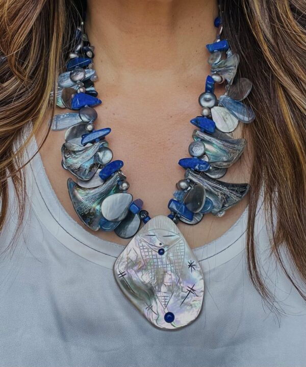 Zuni Jovanna Poblano Abalone Carved Corn Maiden w Abalone Lapis Lazuli Mother of Pearl Necklace/