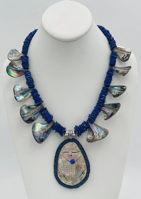 Zuni Jovanna Poblano Signed Beaded Abalone Corn Maiden wLapis Lazuli & Abalone Shell Necklace/