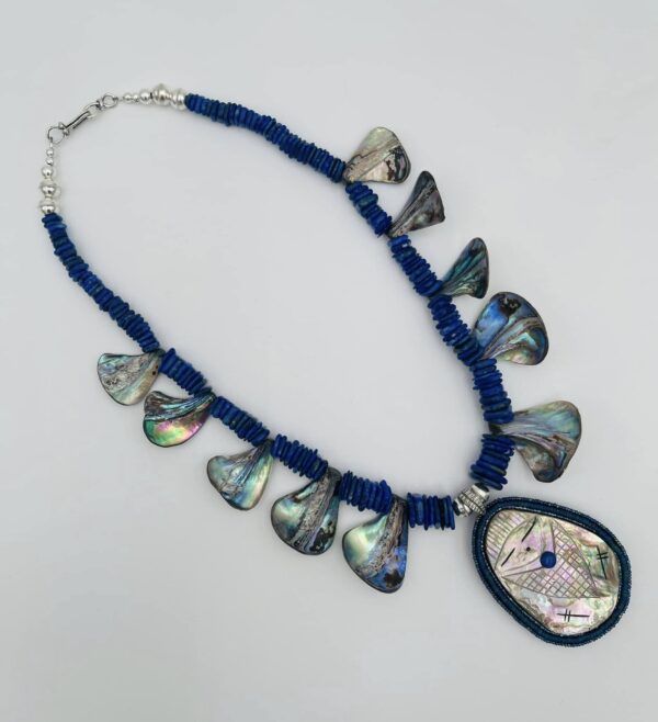 Zuni Jovanna Poblano Signed Beaded Abalone Corn Maiden wLapis Lazuli & Abalone Shell Necklace/ - Image 3