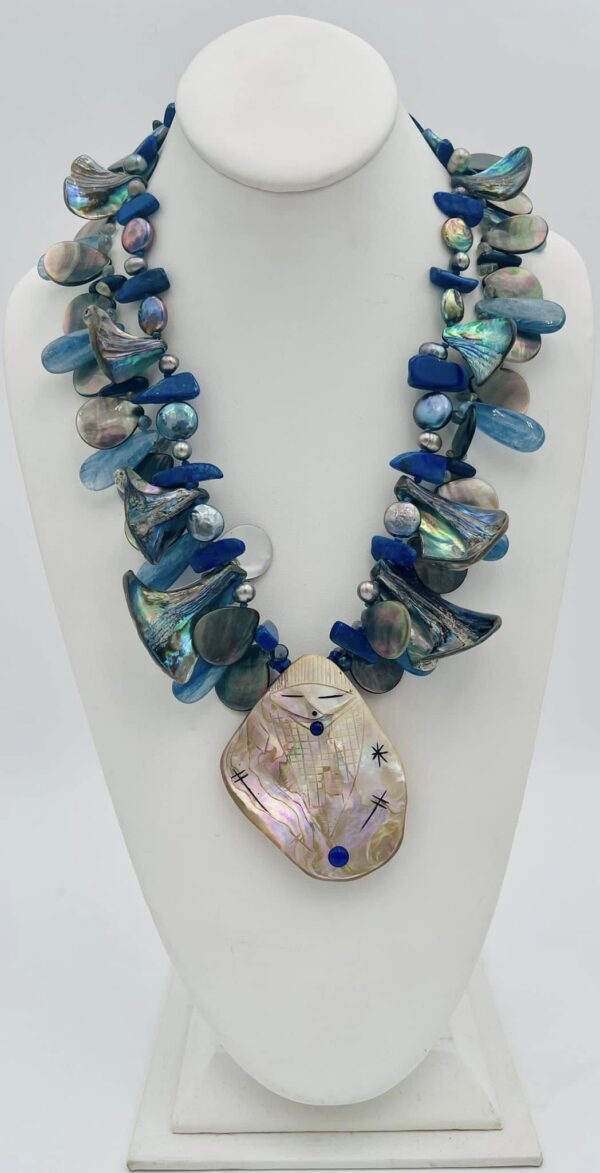 Zuni Jovanna Poblano Abalone Carved Corn Maiden w Abalone Lapis Lazuli Mother of Pearl Necklace/ - Image 2