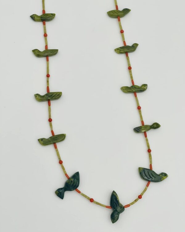 Zuni Jovanna Poblano Serpentine Carved Fetish Birds w Jade & Coral Necklace/ - Image 2